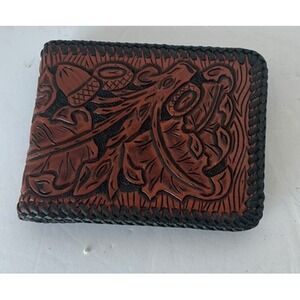 Hand Tooled Leather Wallet Acorn Oak Leaf Bifold Rustic Western Style Snap Pocke